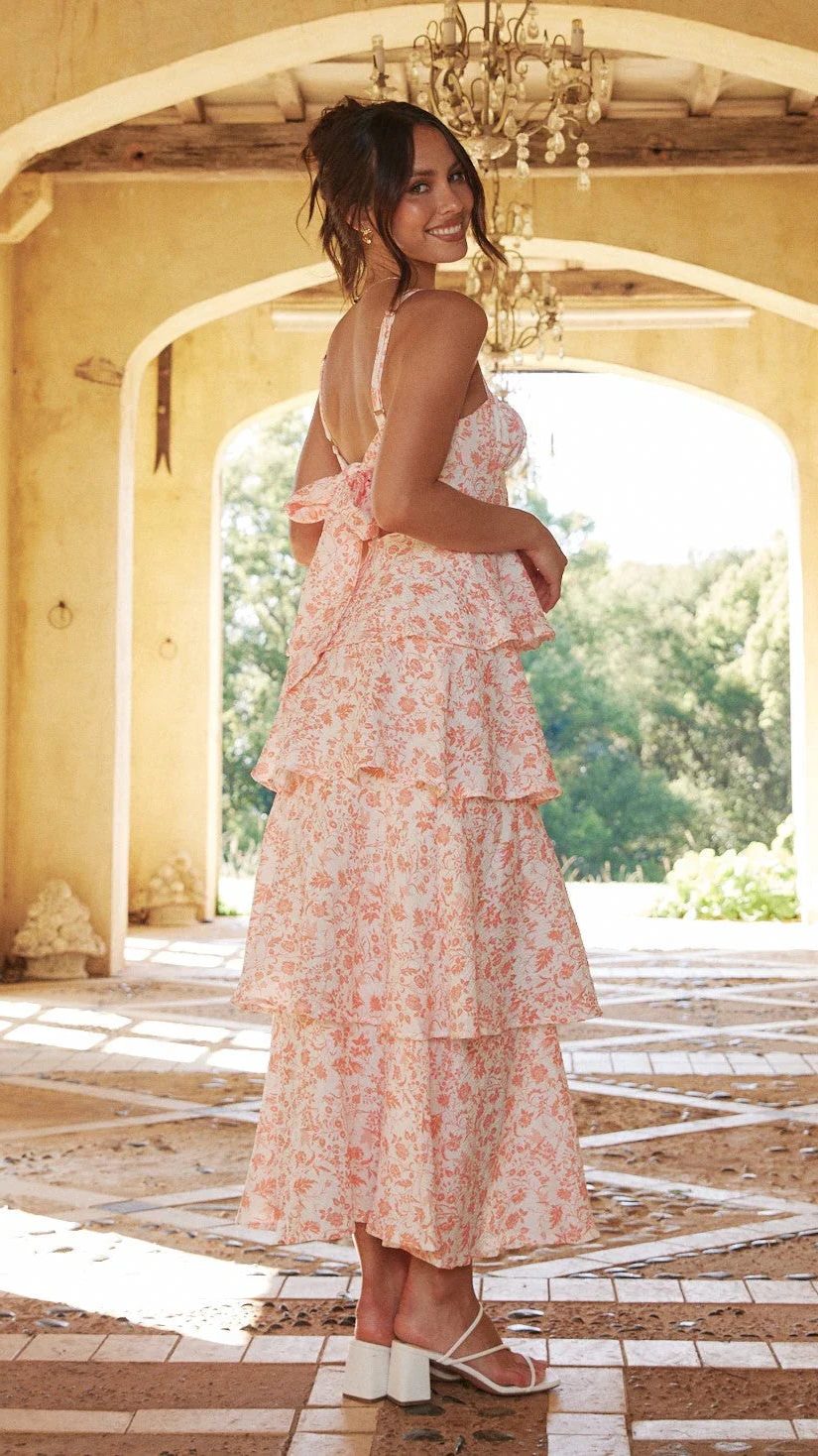Women's Floral Tiered Maxi Dress with Square Neck and Tie Back - Maisie London
