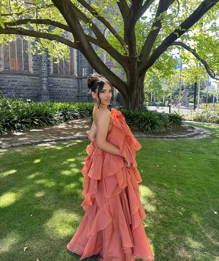 Women's Organza Ruffle Maxi Dress with Rose Corsage and Open Back - Maisie London