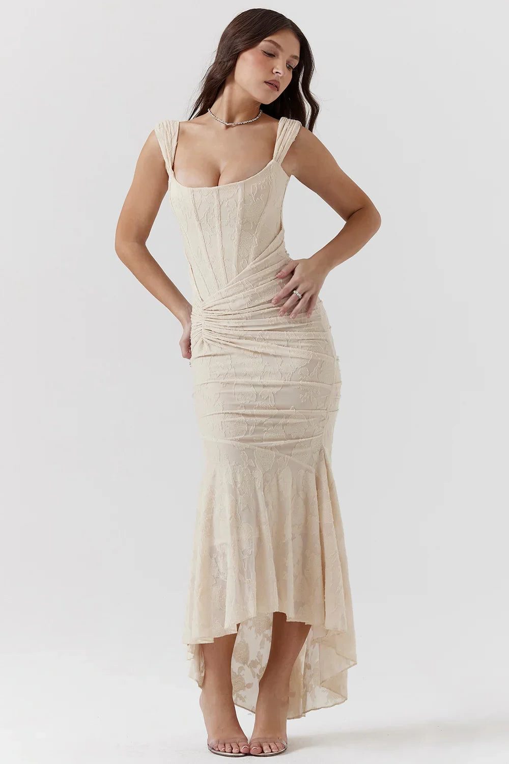 Women's Floral Jacquard Midi Dress with Ruched Waist and High-Low Hem - Maisie London