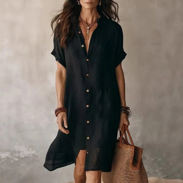 Women's Linen-Look Knee-Length Shirt Dress with Rolled Sleeves - Maisie London