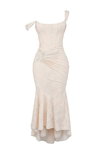 Women's Floral Jacquard Midi Dress with Ruched Waist and High-Low Hem - Maisie London