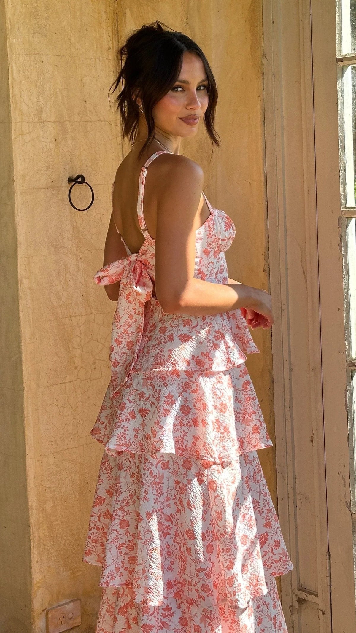 Women's Floral Tiered Maxi Dress with Square Neck and Tie Back - Maisie London