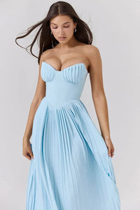 Women's Sky Blue Pleated Maxi Dress with Bustier Bodice - Maisie London