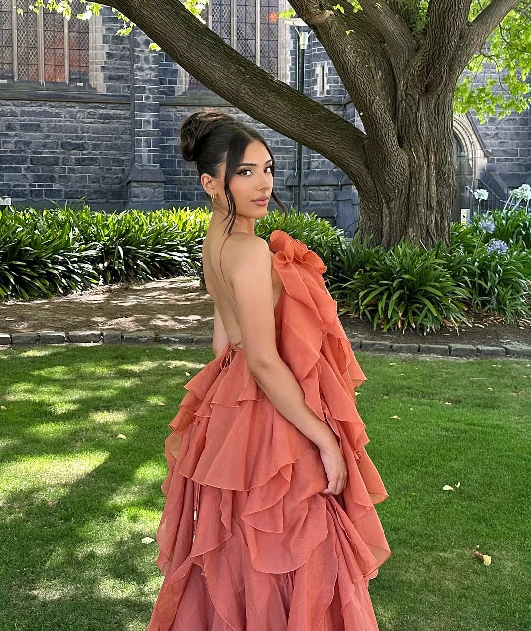 Women's Organza Ruffle Maxi Dress with Rose Corsage and Open Back - Maisie London
