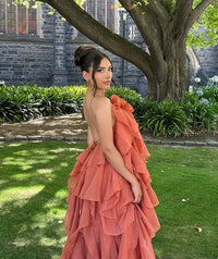 Women's Organza Ruffle Maxi Dress with Rose Corsage and Open Back - Maisie London