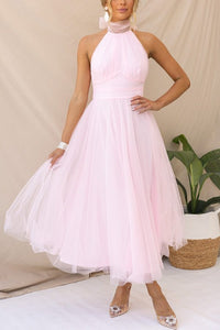 Women's Tulle Halterneck Midi Dress with Ruched Bust and Full Skirt - Maisie London