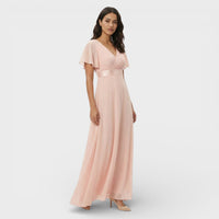 Women's Chiffon V-Neck Maxi Dress with Flutter Sleeves and Pleats - Maisie London