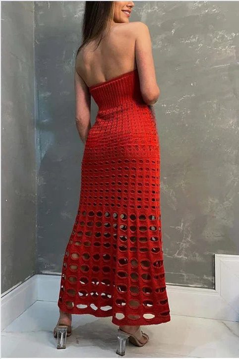 Women's Open-Knit Strapless Maxi Dress with Graduated Cut-Outs - Maisie London