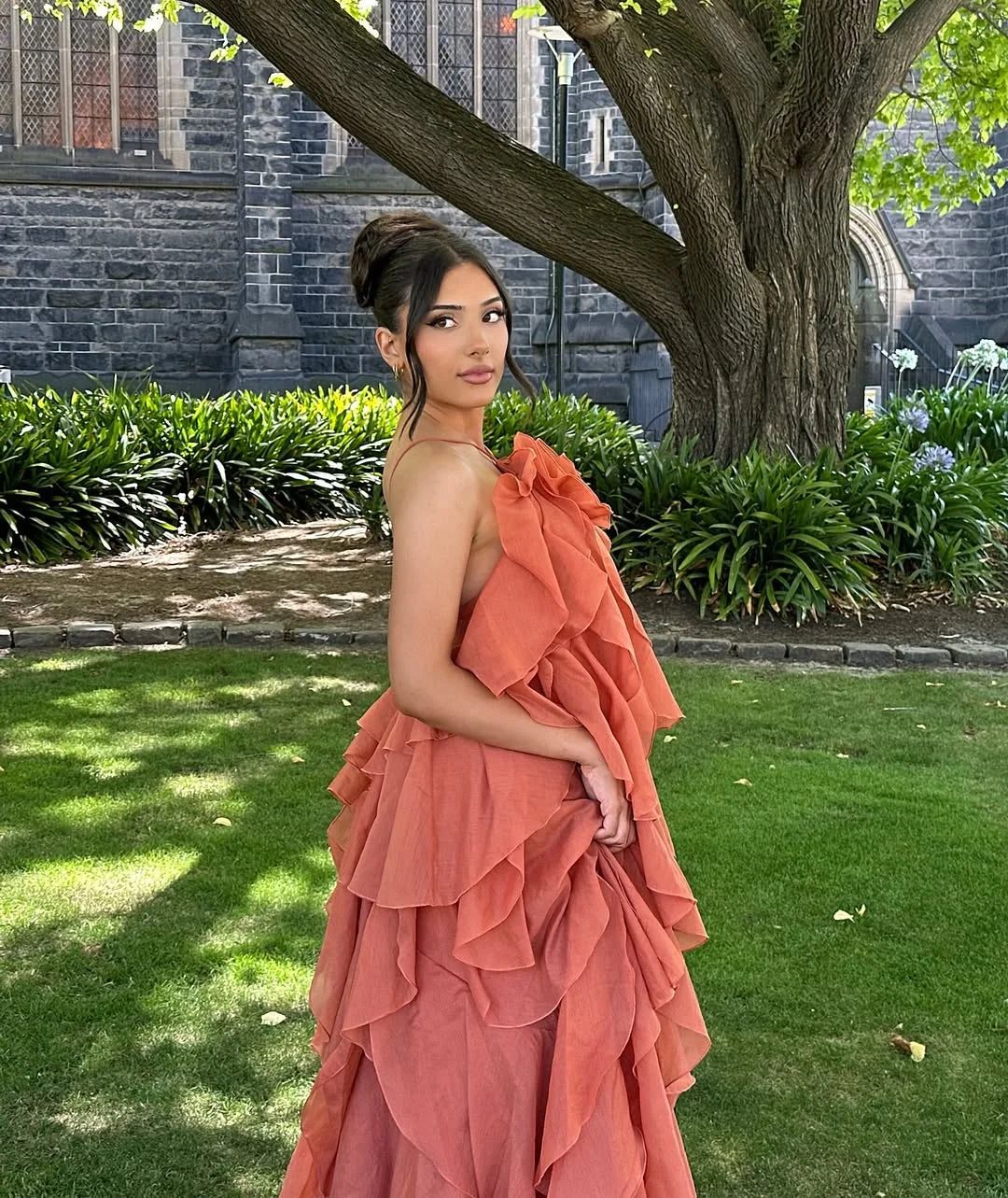 Women's Organza Ruffle Maxi Dress with Rose Corsage and Open Back - Maisie London