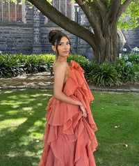 Women's Organza Ruffle Maxi Dress with Rose Corsage and Open Back - Maisie London