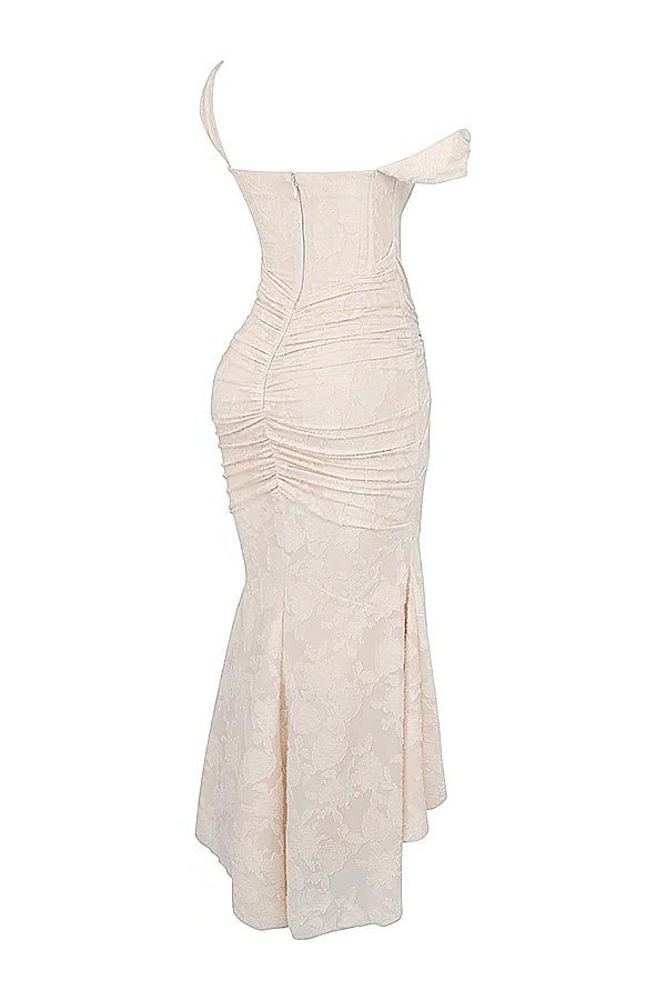 Women's Floral Jacquard Midi Dress with Ruched Waist and High-Low Hem - Maisie London