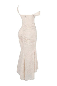 Women's Floral Jacquard Midi Dress with Ruched Waist and High-Low Hem - Maisie London
