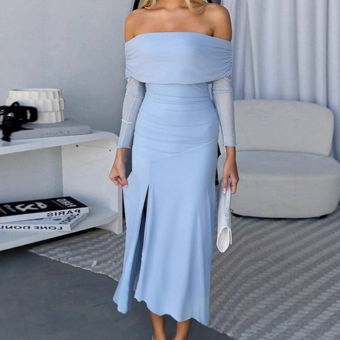 Women's Ruched Off-Shoulder Maxi Dress with Side Split - Maisie London