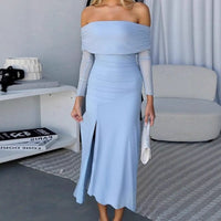 Women's Ruched Off-Shoulder Maxi Dress with Side Split - Maisie London
