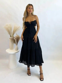 Women's Tiered Maxi Dress with Thin Straps and Cut-Out Waist - Maisie London