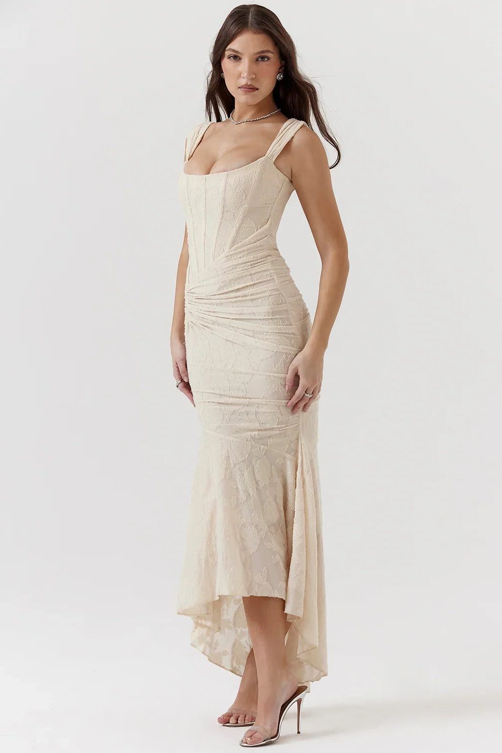 Women's Floral Jacquard Midi Dress with Ruched Waist and High-Low Hem - Maisie London