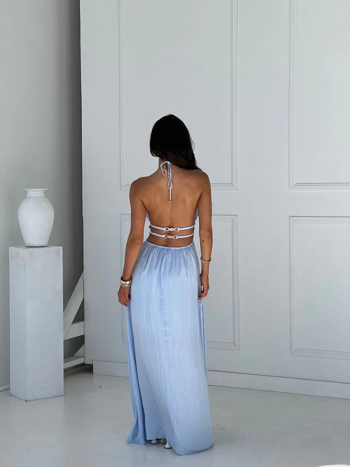Women's Halterneck Maxi Dress with Front Cut-Out and Open Back - Maisie London