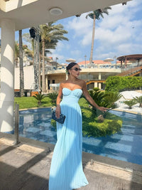 Women's Blue Pleated Strapless Maxi Dress with Corset Bodice - Maisie London
