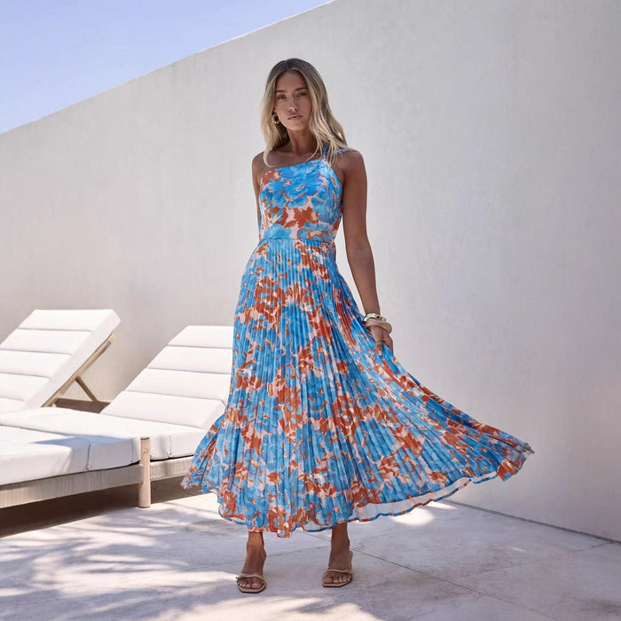 Women's Blue Floral Maxi Dress with One-Shoulder Pleated Skirt - Maisie London