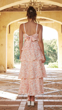 Women's Floral Tiered Maxi Dress with Square Neck and Tie Back - Maisie London