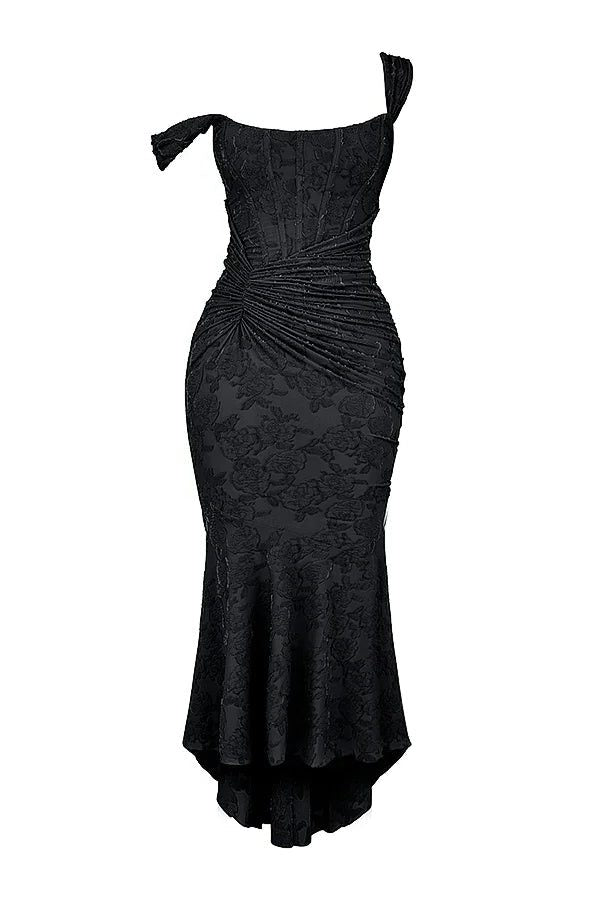 Women's Floral Jacquard Midi Dress with Ruched Waist and High-Low Hem - Maisie London