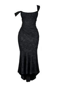 Women's Floral Jacquard Midi Dress with Ruched Waist and High-Low Hem - Maisie London