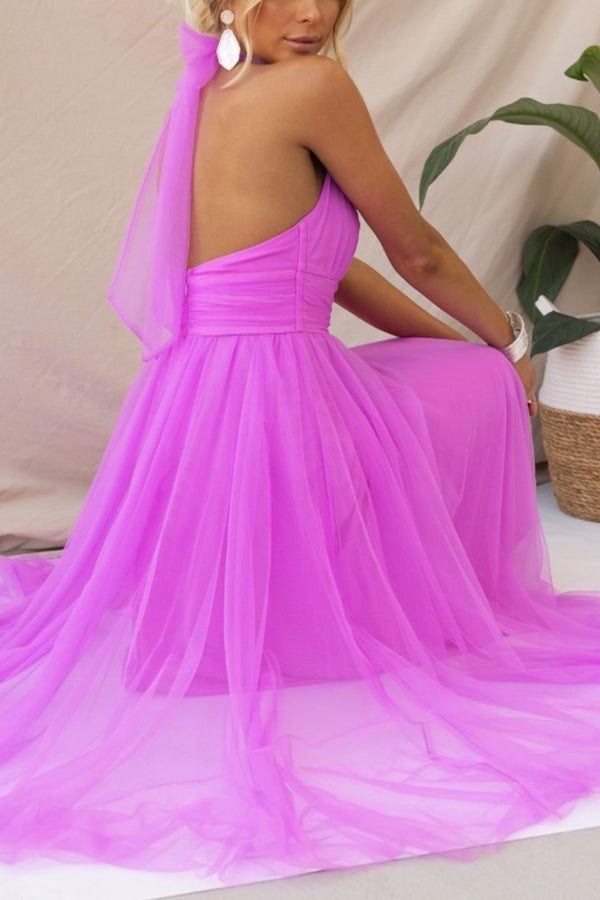 Women's Tulle Halterneck Midi Dress with Ruched Bust and Full Skirt - Maisie London