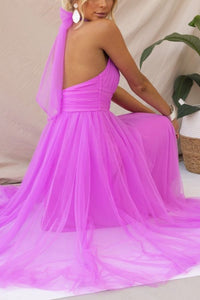 Women's Tulle Halterneck Midi Dress with Ruched Bust and Full Skirt - Maisie London