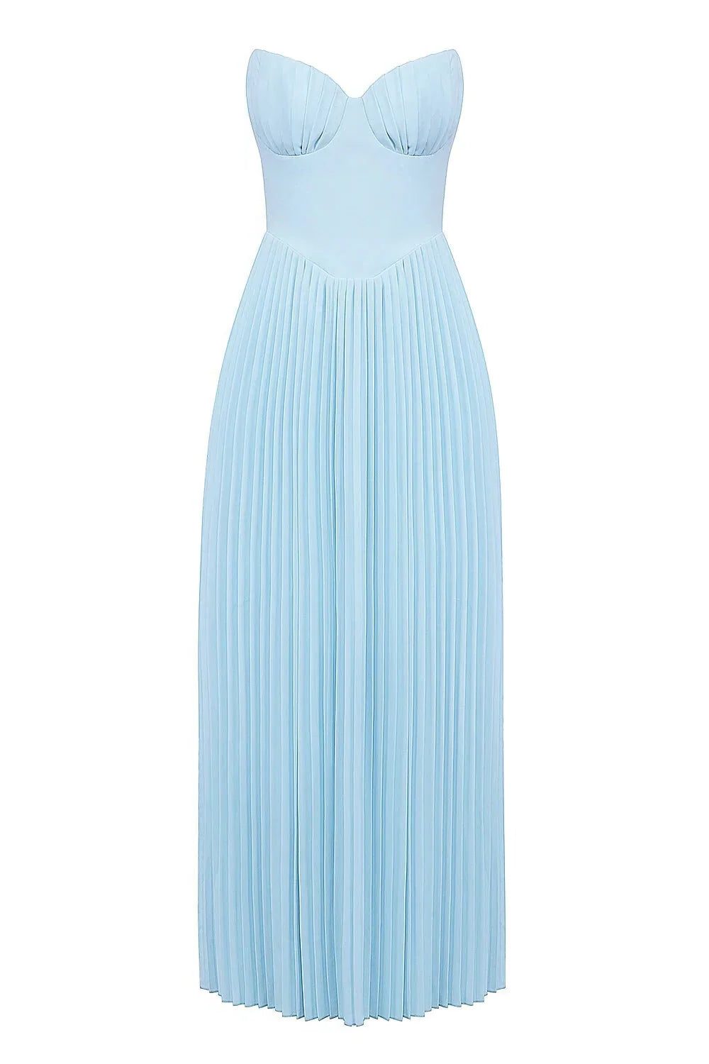 Women's Blue Pleated Strapless Maxi Dress with Corset Bodice - Maisie London