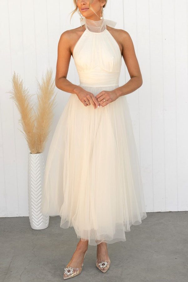 Women's Tulle Halterneck Midi Dress with Ruched Bust and Full Skirt - Maisie London