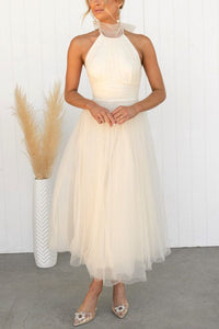 Women's Tulle Halterneck Midi Dress with Ruched Bust and Full Skirt - Maisie London