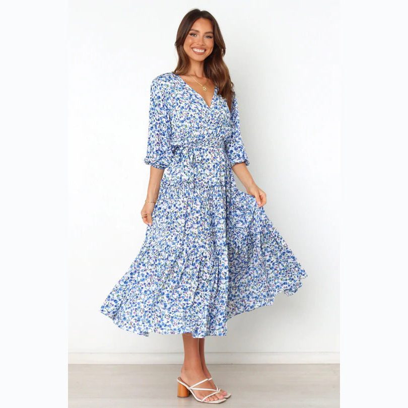 Women's Blue Floral Midi Dress with Wrap V-Neck and Tie Waist - Maisie London