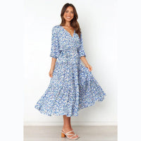 Women's Blue Floral Midi Dress with Wrap V-Neck and Tie Waist - Maisie London