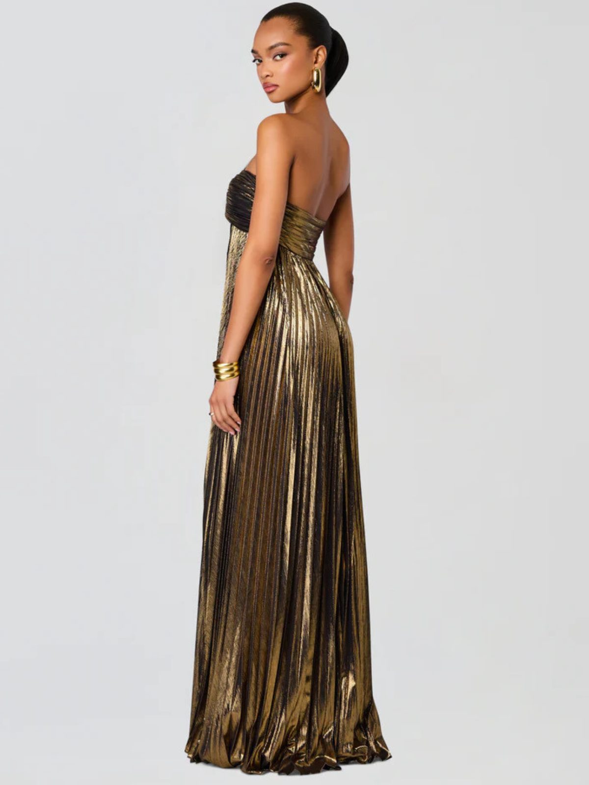 Women's Pleated Metallic Maxi Dress with Twist Front and Side Split - Maisie London