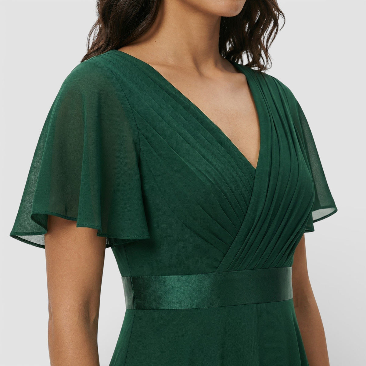 Women's Chiffon V-Neck Maxi Dress with Flutter Sleeves and Pleats - Maisie London
