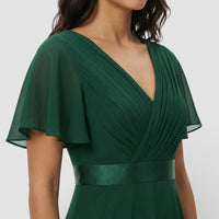 Women's Chiffon V-Neck Maxi Dress with Flutter Sleeves and Pleats - Maisie London
