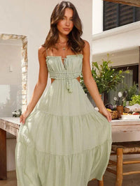 Women's Tiered Maxi Dress with Thin Straps and Cut-Out Waist - Maisie London
