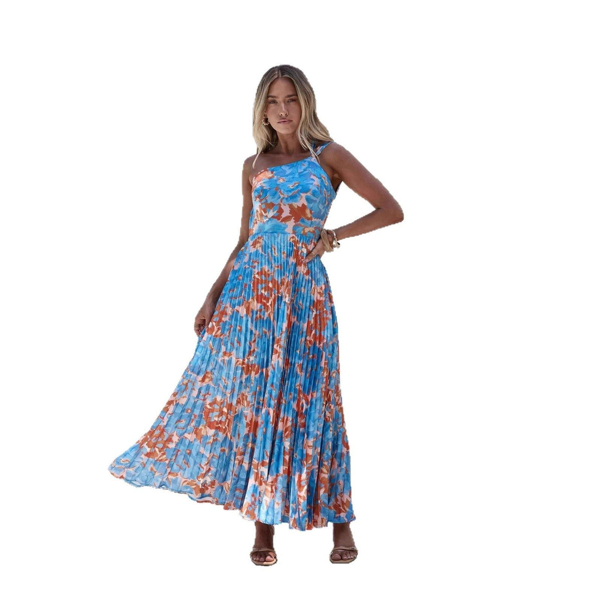 Women's Blue Floral Maxi Dress with One-Shoulder Pleated Skirt - Maisie London