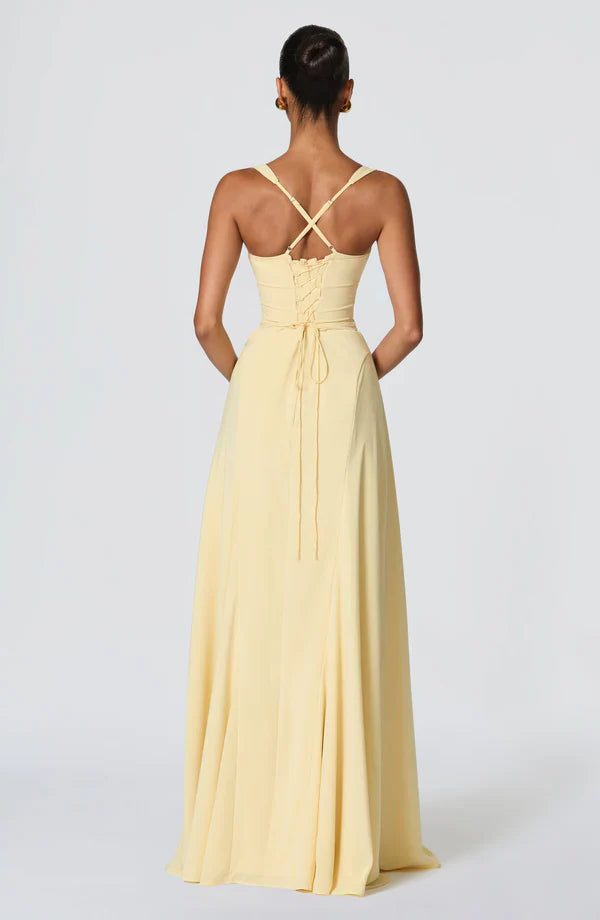 Women's Crepe Sweetheart Maxi Dress with Lace-Up Back and Straps - Maisie London