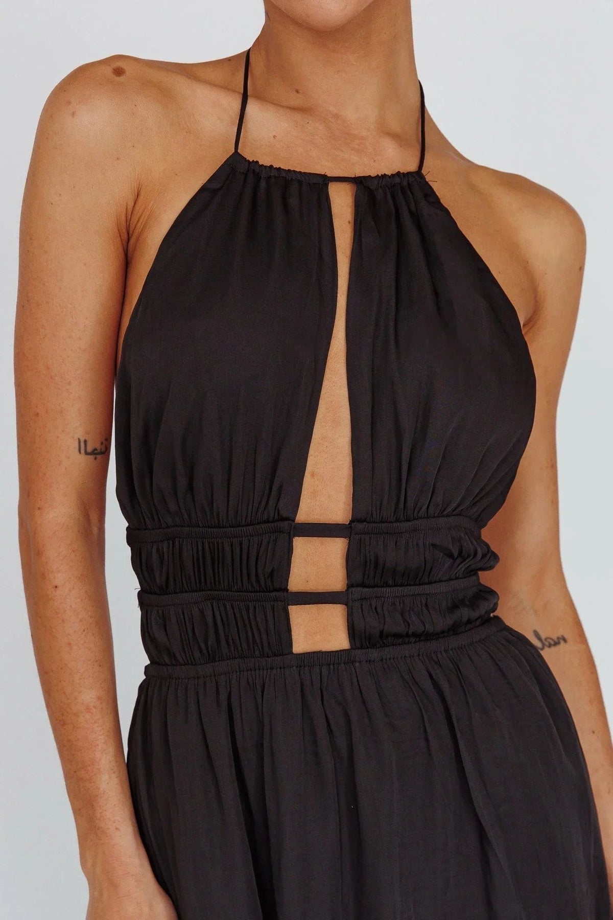 Women's Halterneck Maxi Dress with Front Cut-Out and Open Back - Maisie London