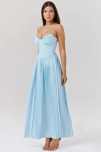 Women's Sky Blue Pleated Maxi Dress with Bustier Bodice - Maisie London