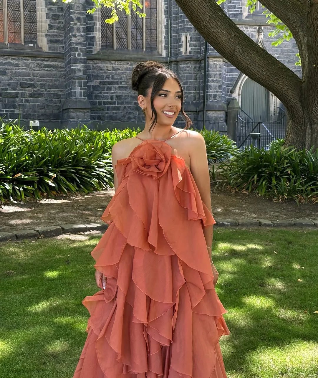 Women's Organza Ruffle Maxi Dress with Rose Corsage and Open Back - Maisie London
