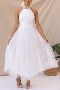Women's Tulle Halterneck Midi Dress with Ruched Bust and Full Skirt - Maisie London