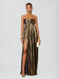 Women's Pleated Metallic Maxi Dress with Twist Front and Side Split - Maisie London