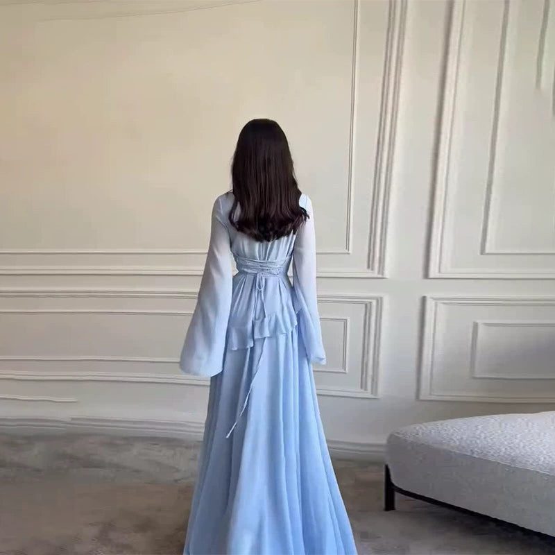 Women's Chiffon Maxi Dress with Bell Sleeves and Ruffle Waist - Maisie London