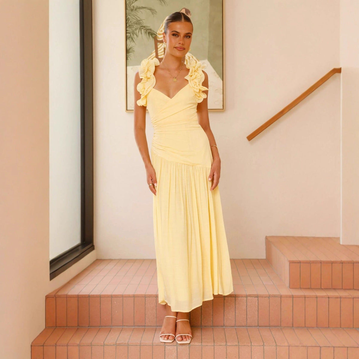 Women's Ruffle Shoulder Midi Dress with V-Neck and Ruched Waist - Maisie London