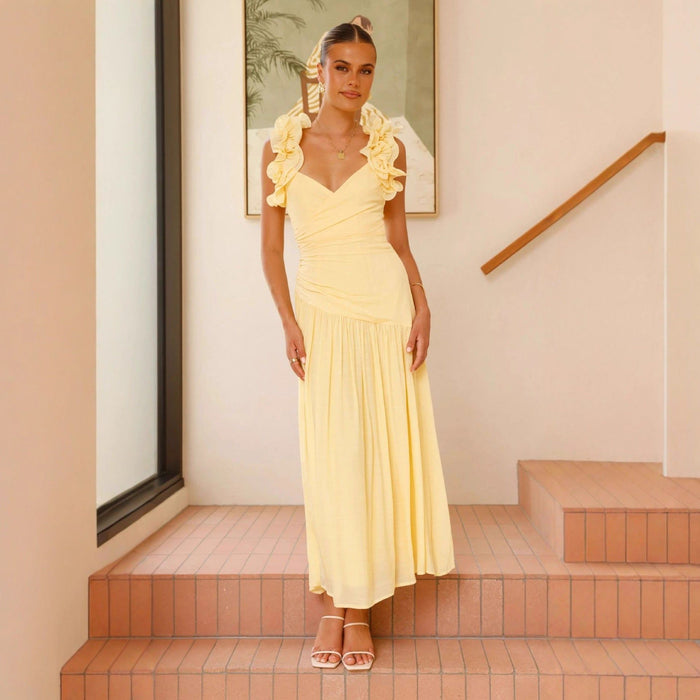 Women's Ruffle Shoulder Midi Dress with V-Neck and Ruched Waist - Maisie London