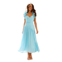 Women's Ruffle Shoulder Midi Dress with V-Neck and Ruched Waist - Maisie London