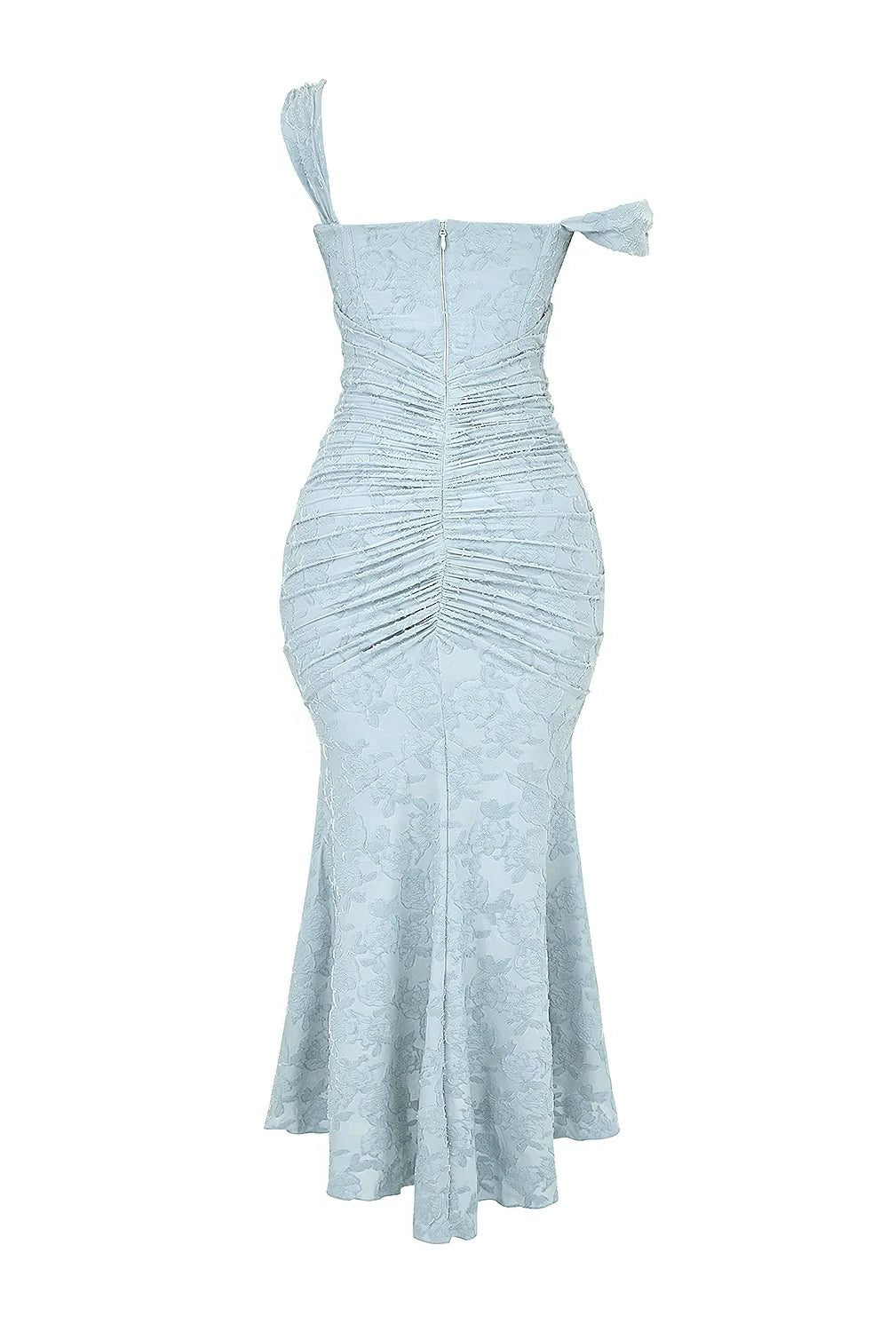 Women's Floral Jacquard Midi Dress with Ruched Waist and High-Low Hem - Maisie London