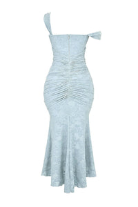 Women's Floral Jacquard Midi Dress with Ruched Waist and High-Low Hem - Maisie London